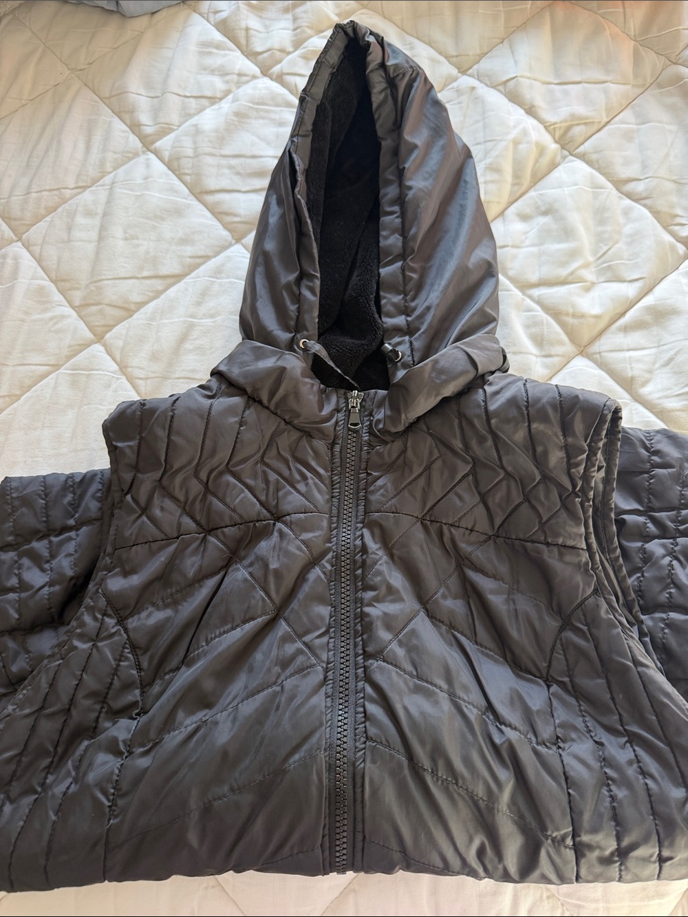 Pink Envelope Quilted Hooded Vest in Charcoal Gray